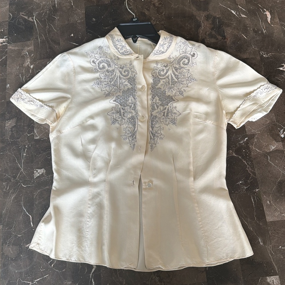 Vintage Embroidered Short Sleeve Silk Blouse in Cream